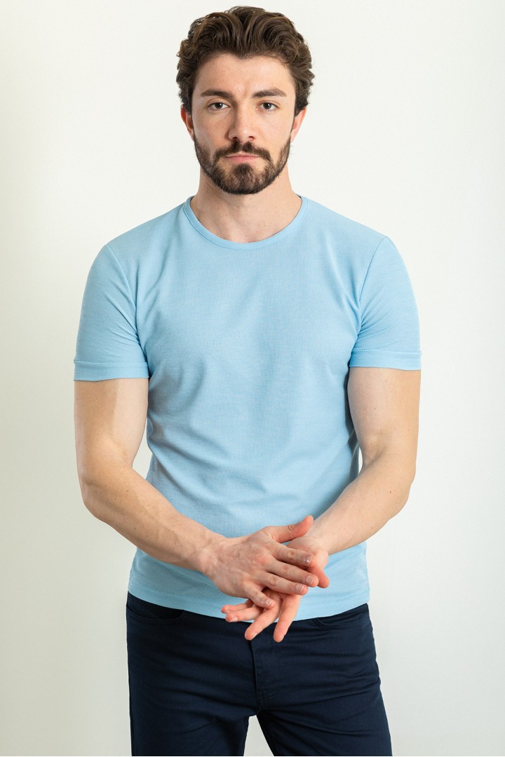 Blue Color Crew Neck Design Casual Men's Cotton T Shirt