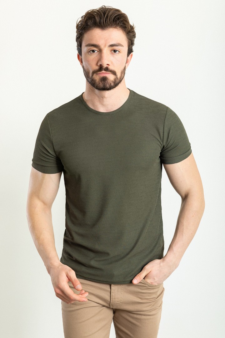 Khaki Color Crew Neck Design Casual Men's Cotton T Shirt