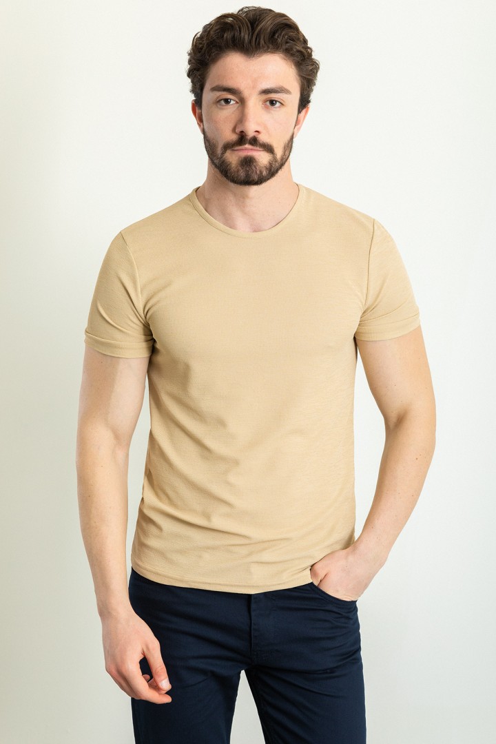 Beige Color Crew Neck Design Casual Men's Cotton T Shirt