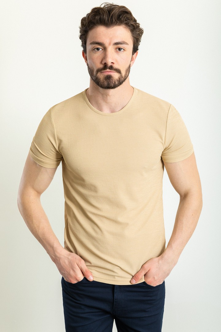 Beige Color Crew Neck Design Casual Men's Cotton T Shirt