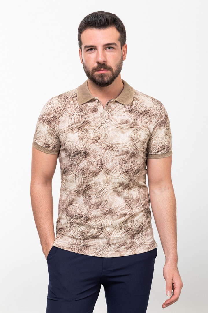 Brown Color Figured And Polo Collar Design Casual Cotton Men's Tshirt