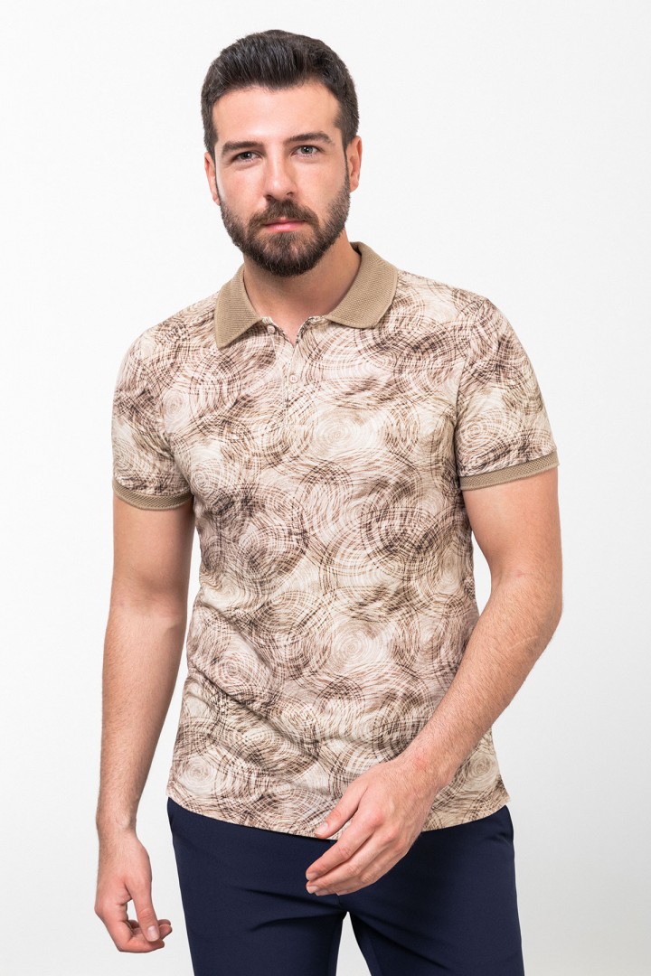 Brown Color Figured And Polo Collar Design Casual Cotton Men's Tshirt