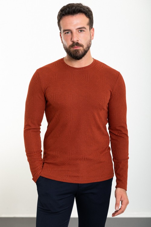 Tile Color Figured And Crew Neck Design Casual Men's Cotton T Shirt