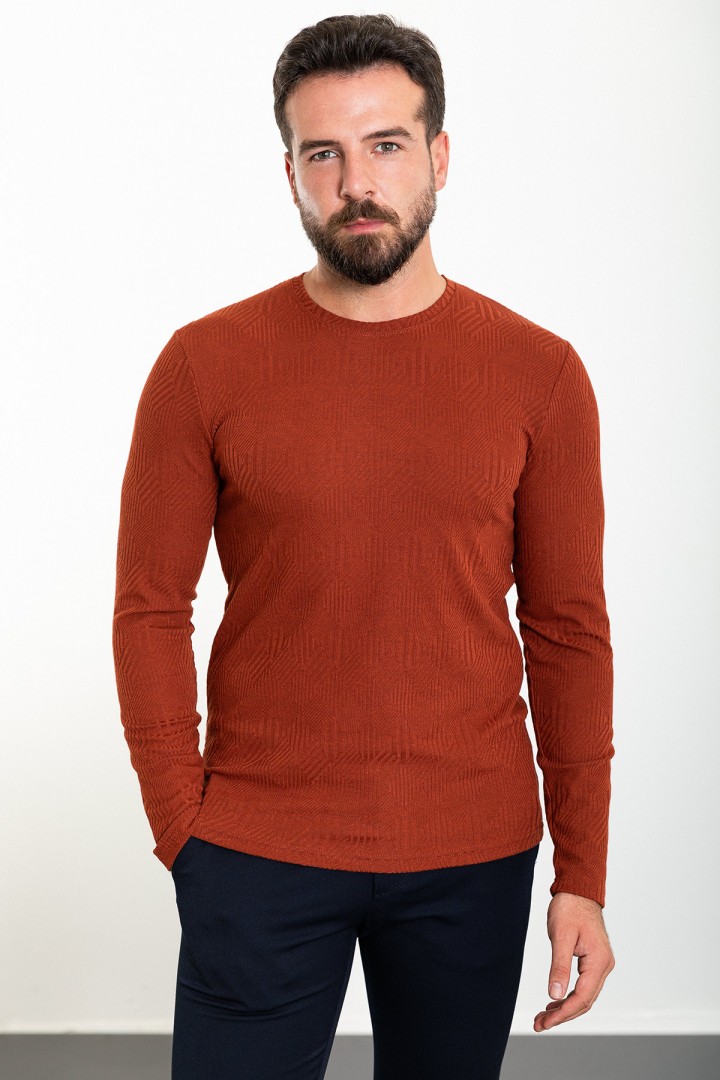 Tile Color Figured And Crew Neck Design Casual Men's Cotton T Shirt