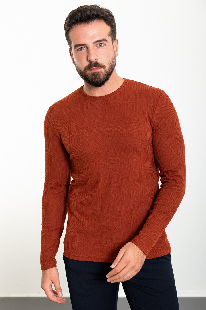 Tile Color Figured And Crew Neck Design Casual Men's Cotton T Shirt