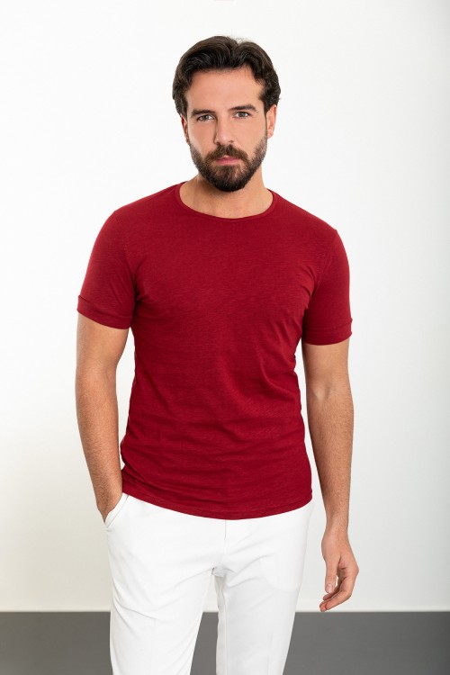 Claret Red Color Crewn Neck Design Casual Cotton Men's Tshirt