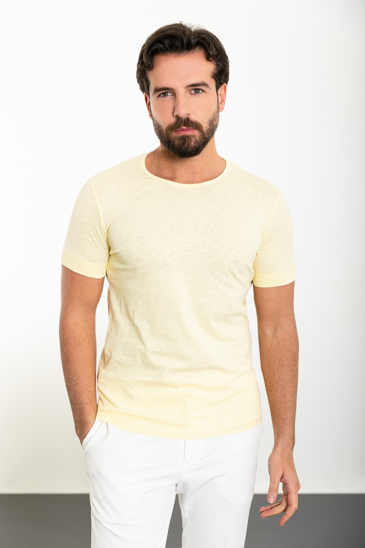 Yellow Color Crewn Neck Design Casual Cotton Men's Tshirt