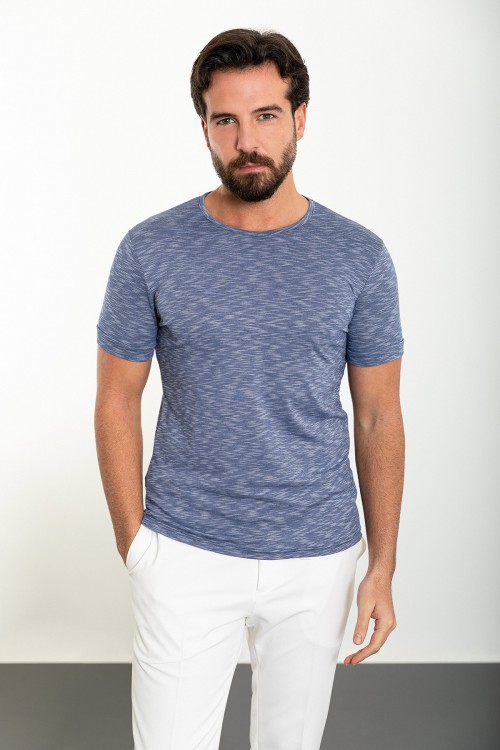 Dark Blue Color Dobby Design Casual Cotton Men's Tshirt