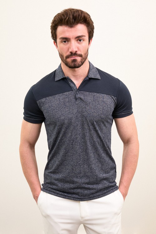 Dark Blue Color Figured Design Casual Polo Tshirt