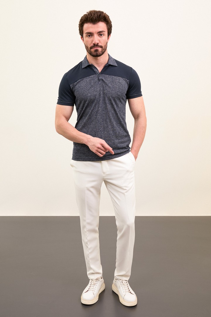 Dark Blue Color Figured Design Casual Polo Tshirt