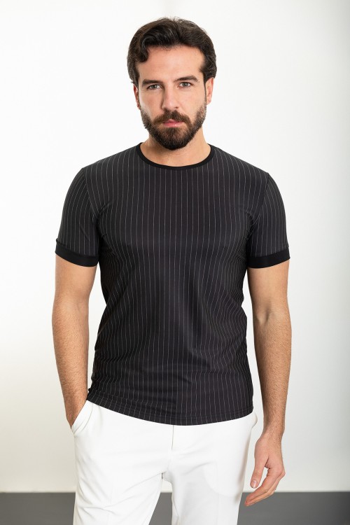 Black Color Striped Design Casual Cotton Men's Tshirt