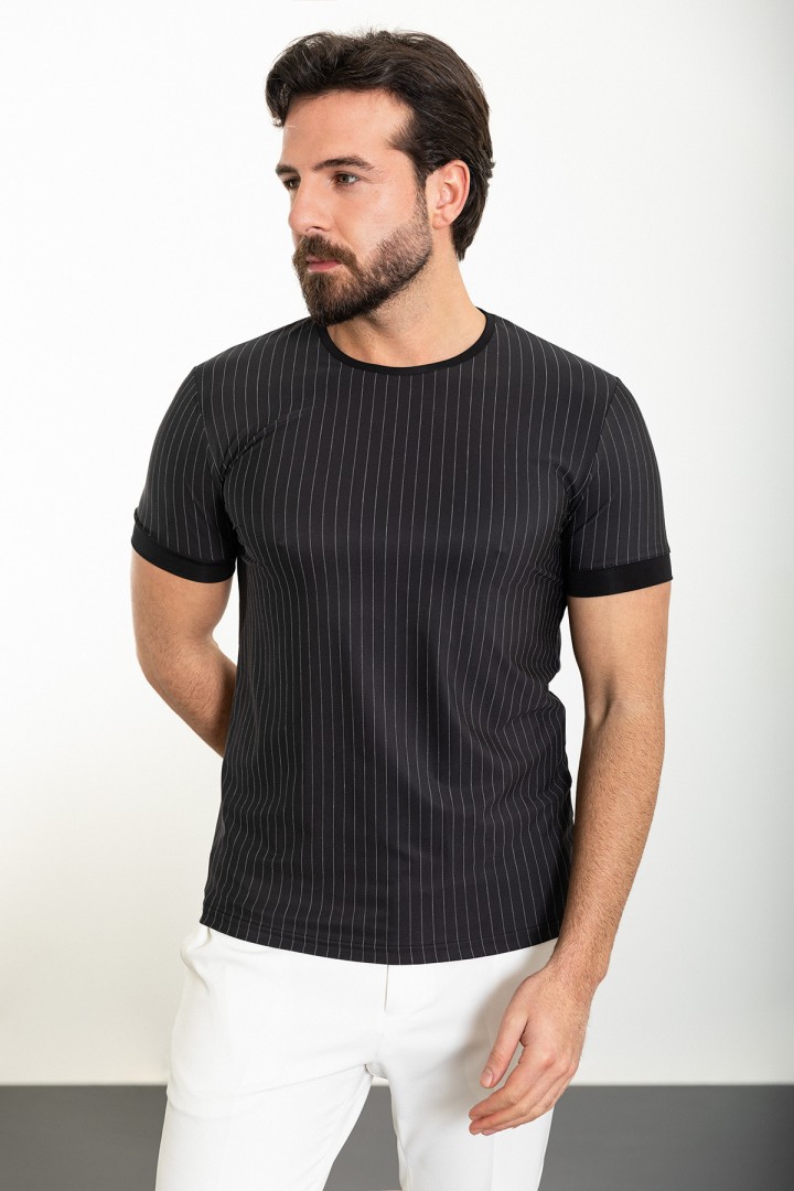 Black Color Striped Design Casual Cotton Men's Tshirt