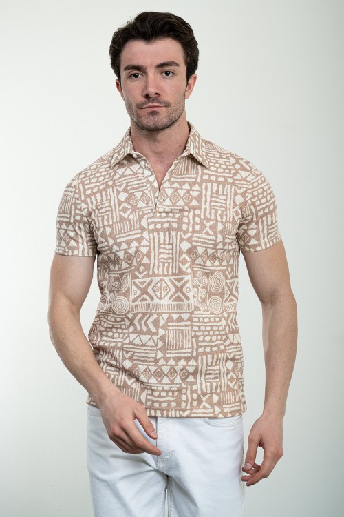 Beige Color Figured Design Casual Men's Tshirt