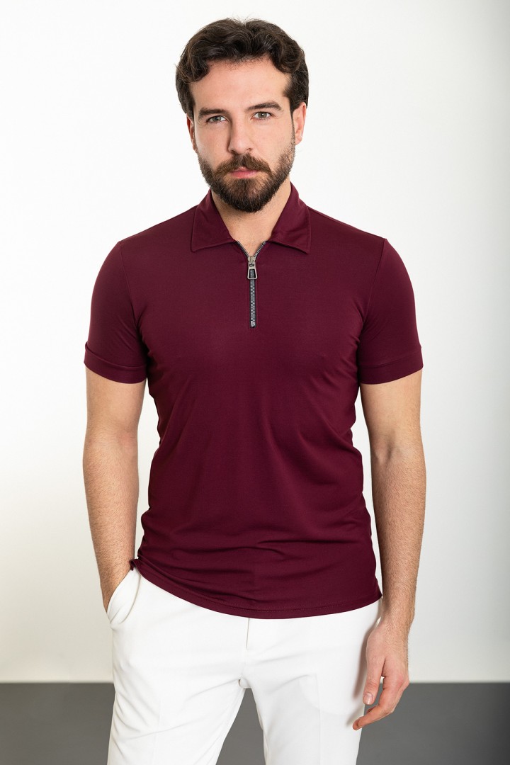 Claret Red Color Zippered Design Casual Men's Tshirt