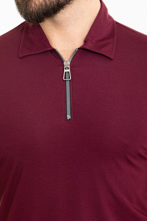 Claret Red Color Zippered Design Casual Men's Tshirt