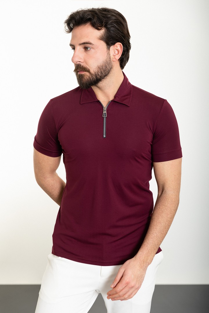 Claret Red Color Zippered Design Casual Men's Tshirt