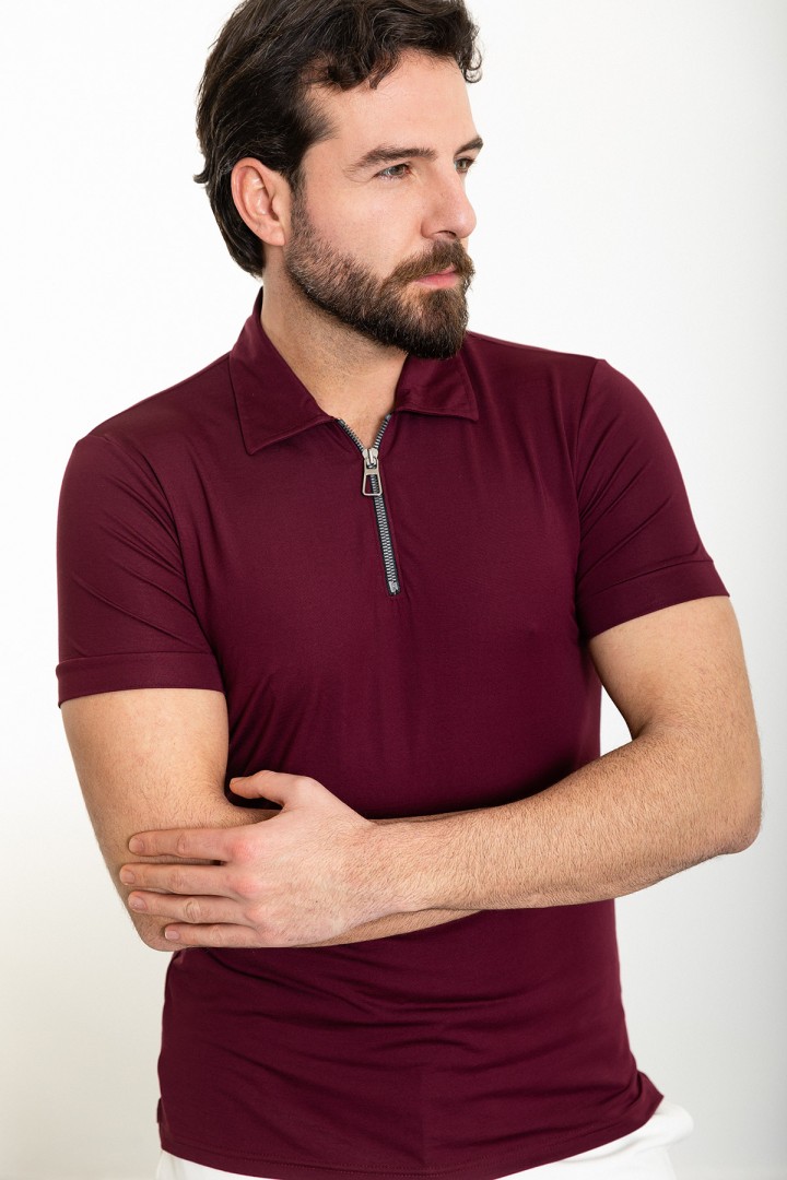Claret Red Color Zippered Design Casual Men's Tshirt