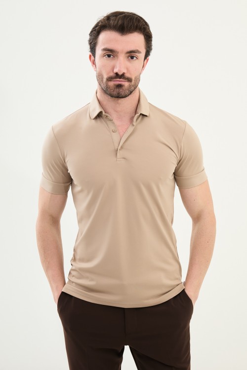 Beige Color Classic Shirt Collar Men's T Shirt
