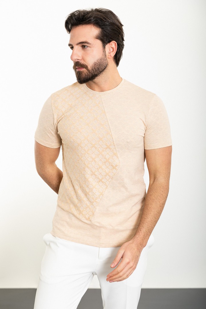 Camel Color Double Sided Figured Design Casual Men's Tshirt