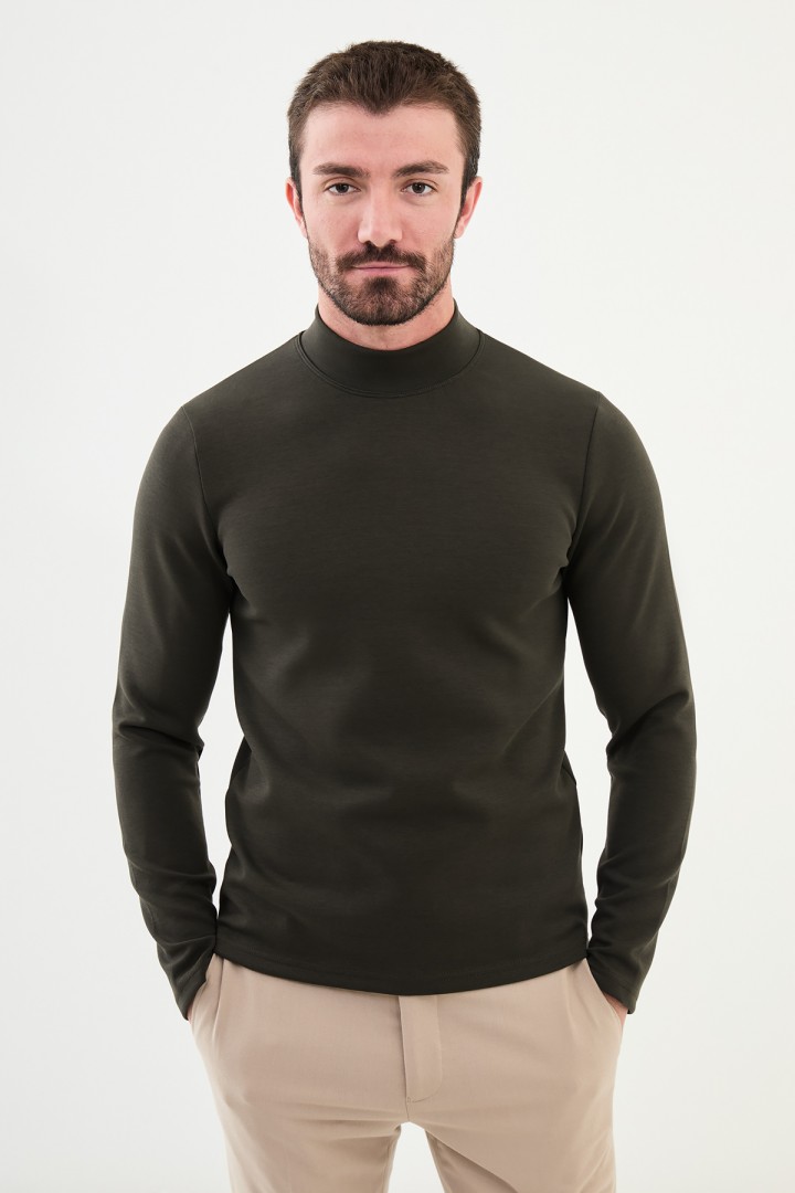 Khaki Color Mock Turtleneck Design Classic Men's Tshirt