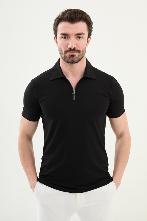Black Color Casual Zippered Shirt Collar Design Men's T Shirt