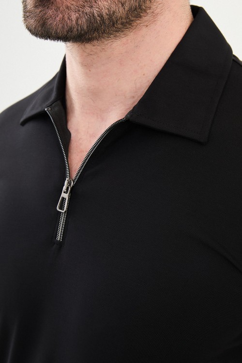 Black Color Casual Zippered Shirt Collar Design Men's T Shirt