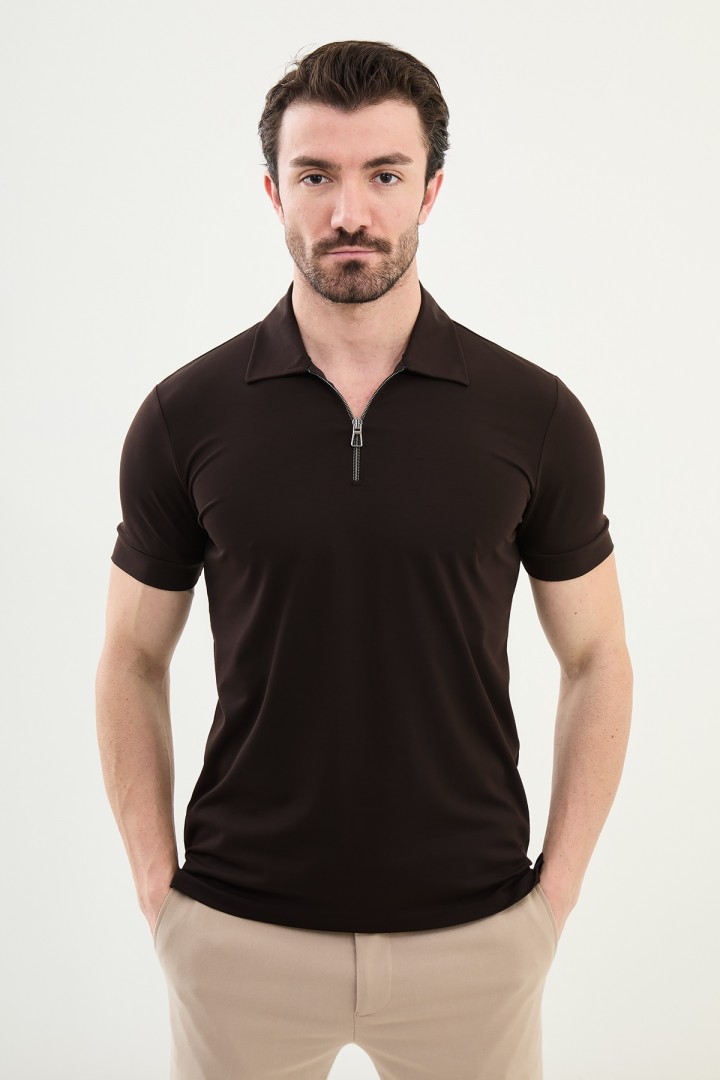 Brown Color Casual Zippered Shirt Collar Design Men's T Shirt