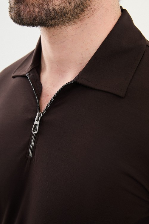 Brown Color Casual Zippered Shirt Collar Design Men's T Shirt