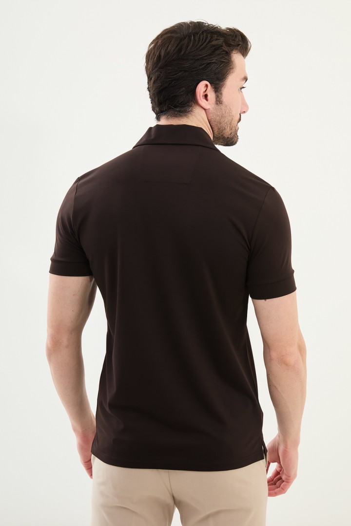 Brown Color Casual Zippered Shirt Collar Design Men's T Shirt