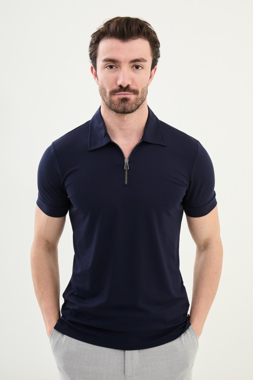 Dark Blue Color Casual Zippered Shirt Collar Design Men's T Shirt