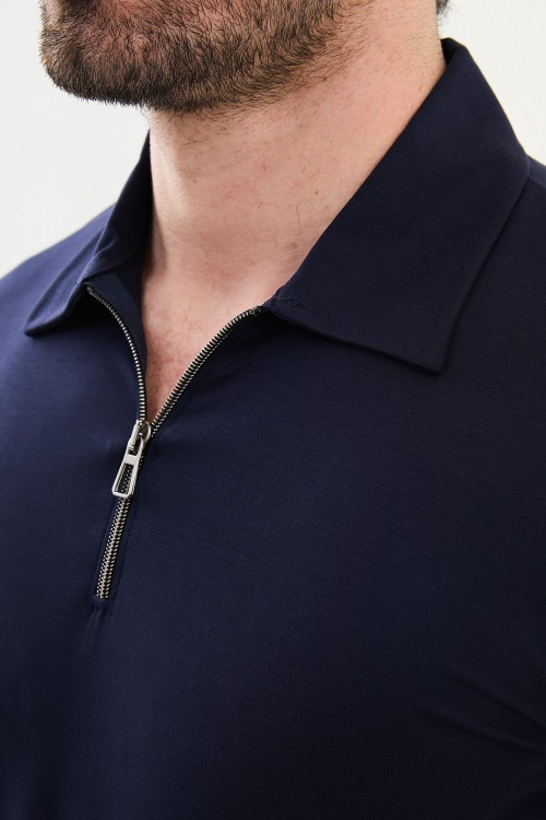 Dark Blue Color Casual Zippered Shirt Collar Design Men's T Shirt