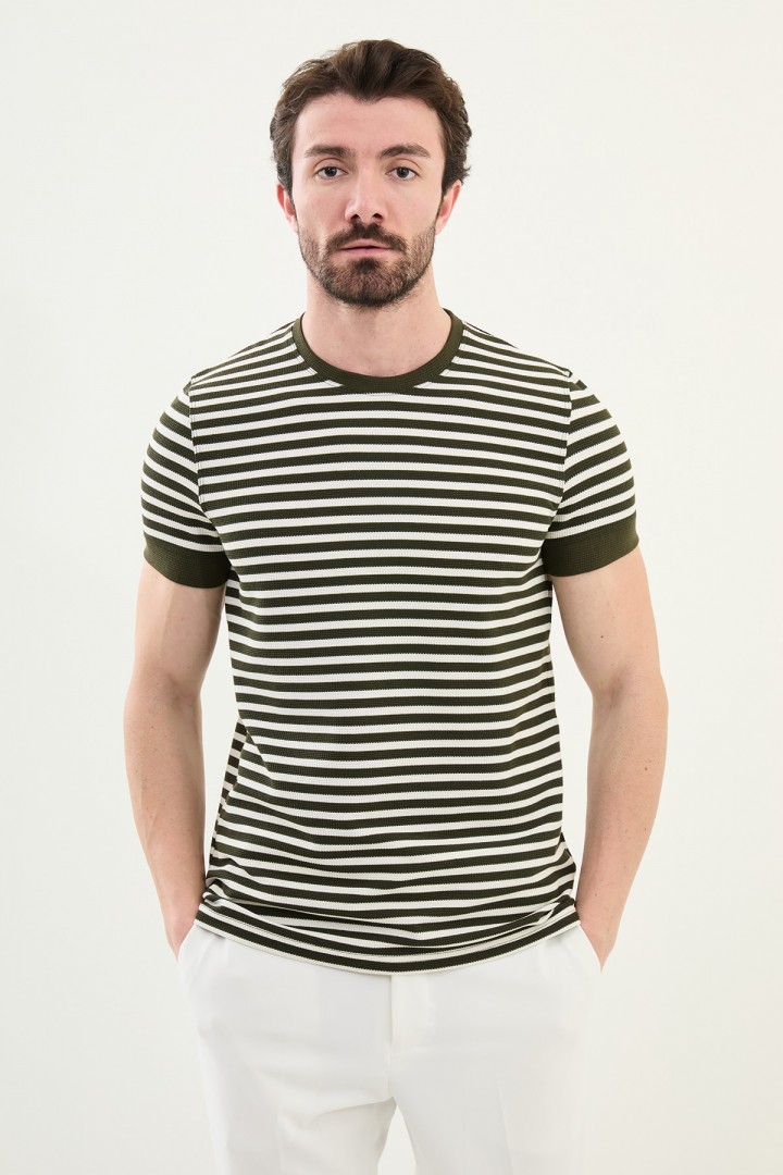 Khaki Color Casual Men's Striped Tshirt