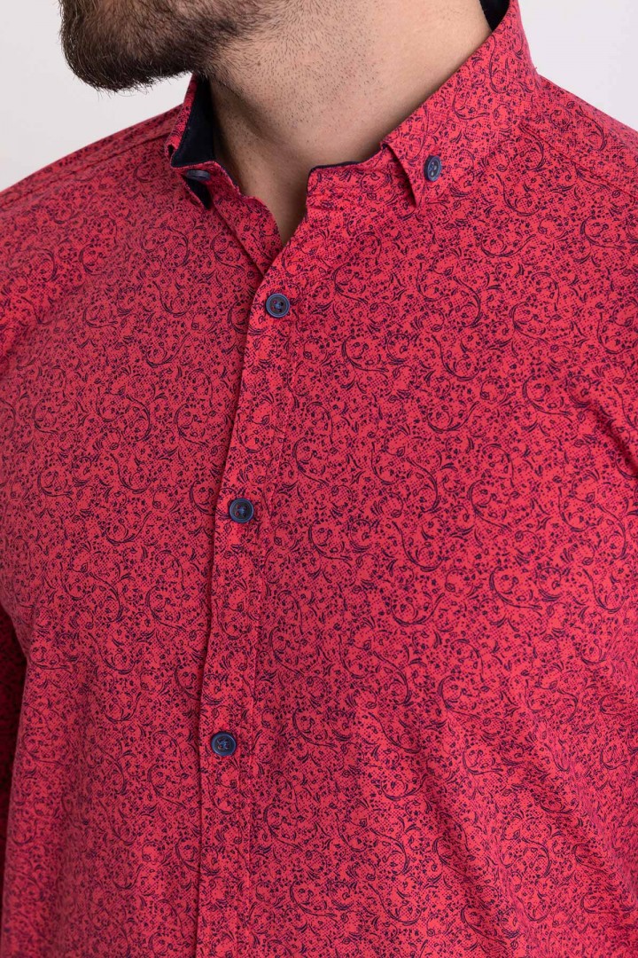 Fuchsia Colours Cotton And Elastane Fabrics Flower Patterned Detailed Long Sleeve Casual Slim Fit Mens Shirt