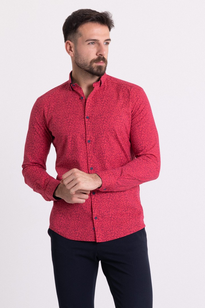 Fuchsia Colours Cotton And Elastane Fabrics Flower Patterned Detailed Long Sleeve Casual Slim Fit Mens Shirt