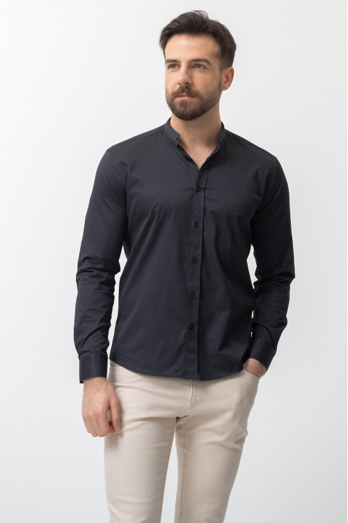 Black Cotton And Elastane Fabrics With Mandarin Collar Basic Mens Shirt