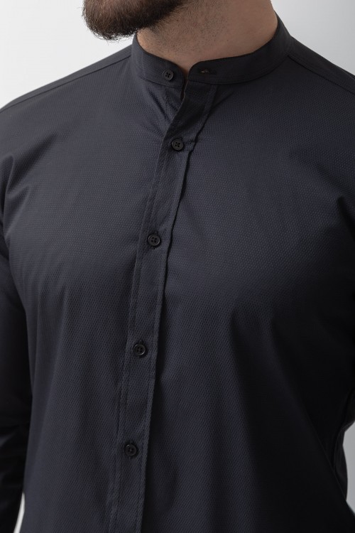 Black Cotton And Elastane Fabrics With Mandarin Collar Basic Mens Shirt