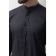 Black Cotton And Elastane Fabrics With Mandarin Collar Basic Mens Shirt