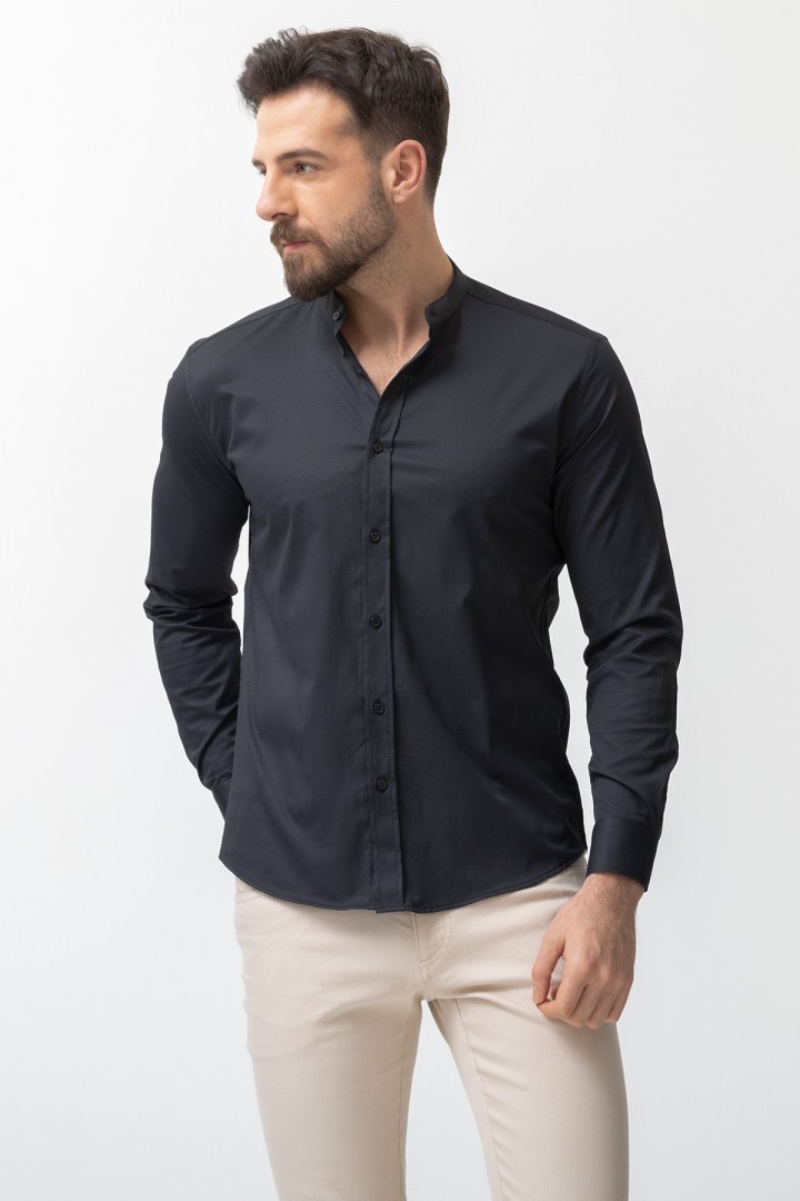 Black Cotton And Elastane Fabrics With Mandarin Collar Basic Mens Shirt