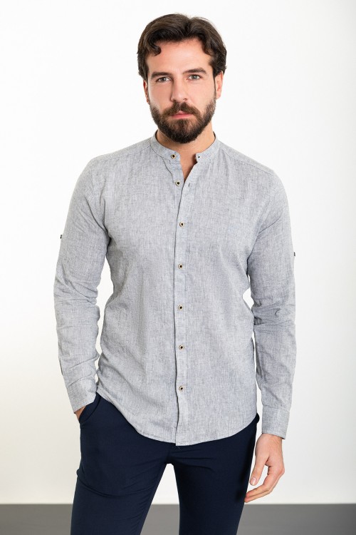Grey Color Mandarin Collar Design Casual Linen Men'S Shirt