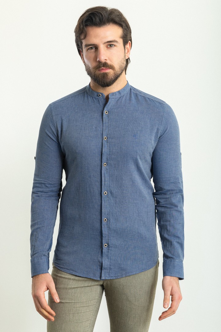 Indigo Color Mandarin Collar Design Casual Linen Men's Shirt