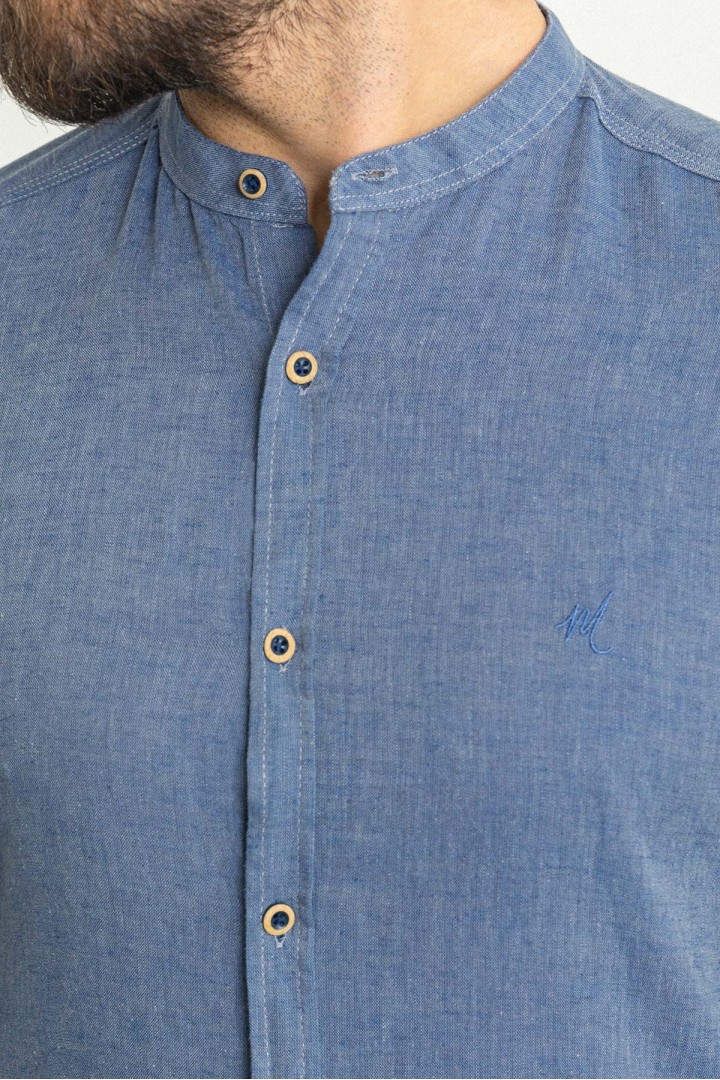 Indigo Color Mandarin Collar Design Casual Linen Men's Shirt