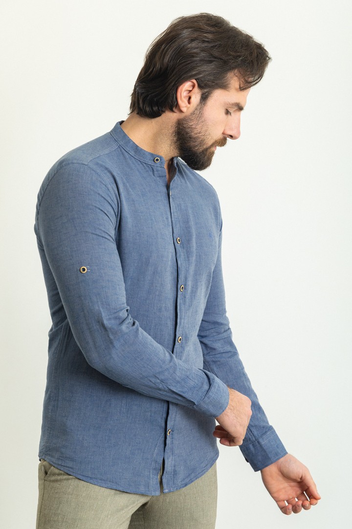 Indigo Color Mandarin Collar Design Casual Linen Men's Shirt