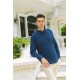 Dark Blue Color Mandarin Collar Design Casual Linen Men's Shirt