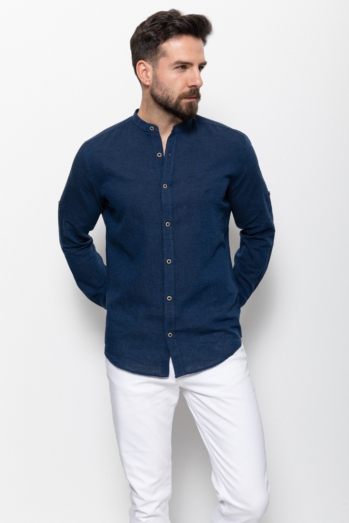 Dark Blue Color Mandarin Collar Design Casual Linen Men's Shirt