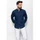 Dark Blue Color Mandarin Collar Design Casual Linen Men's Shirt