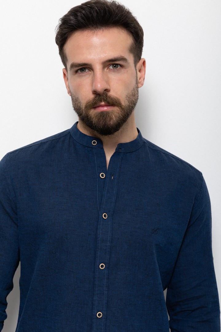 Dark Blue Color Mandarin Collar Design Casual Linen Men's Shirt