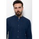 Dark Blue Color Mandarin Collar Design Casual Linen Men's Shirt