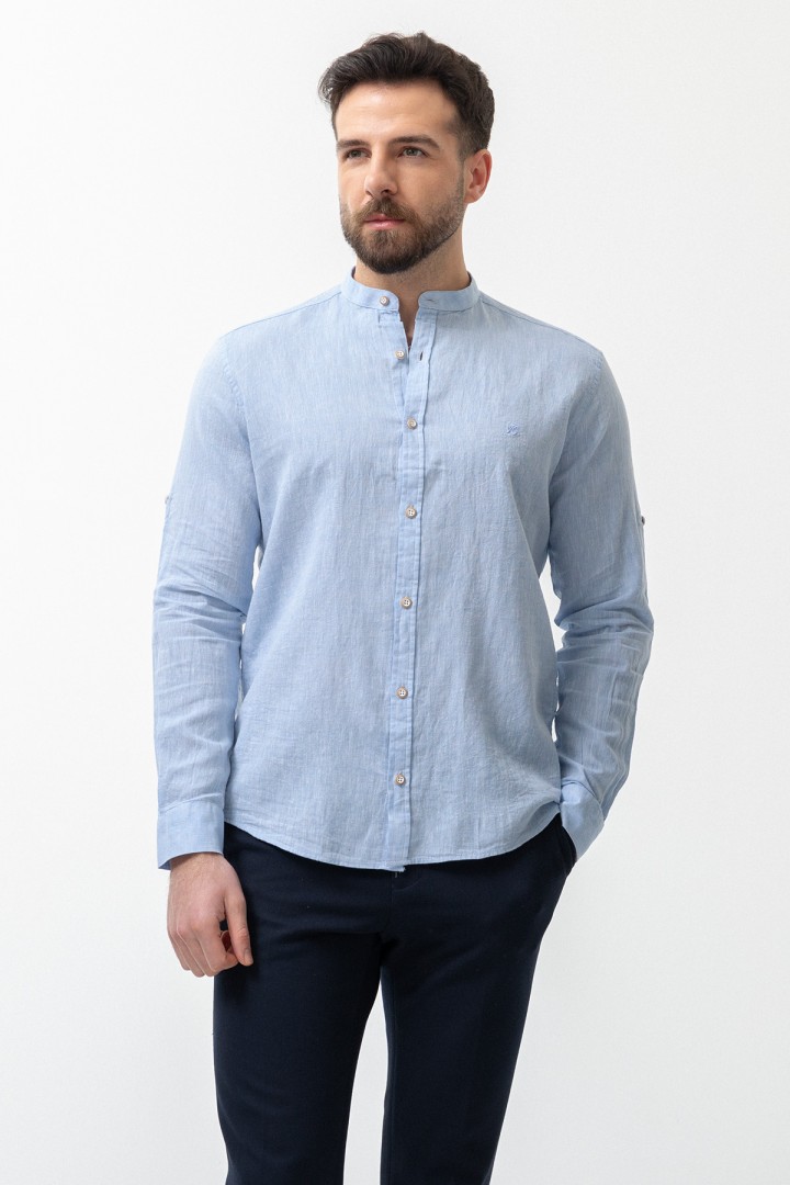 Blue Color Mandarin Collar Design Casual Linen Men's Shirt