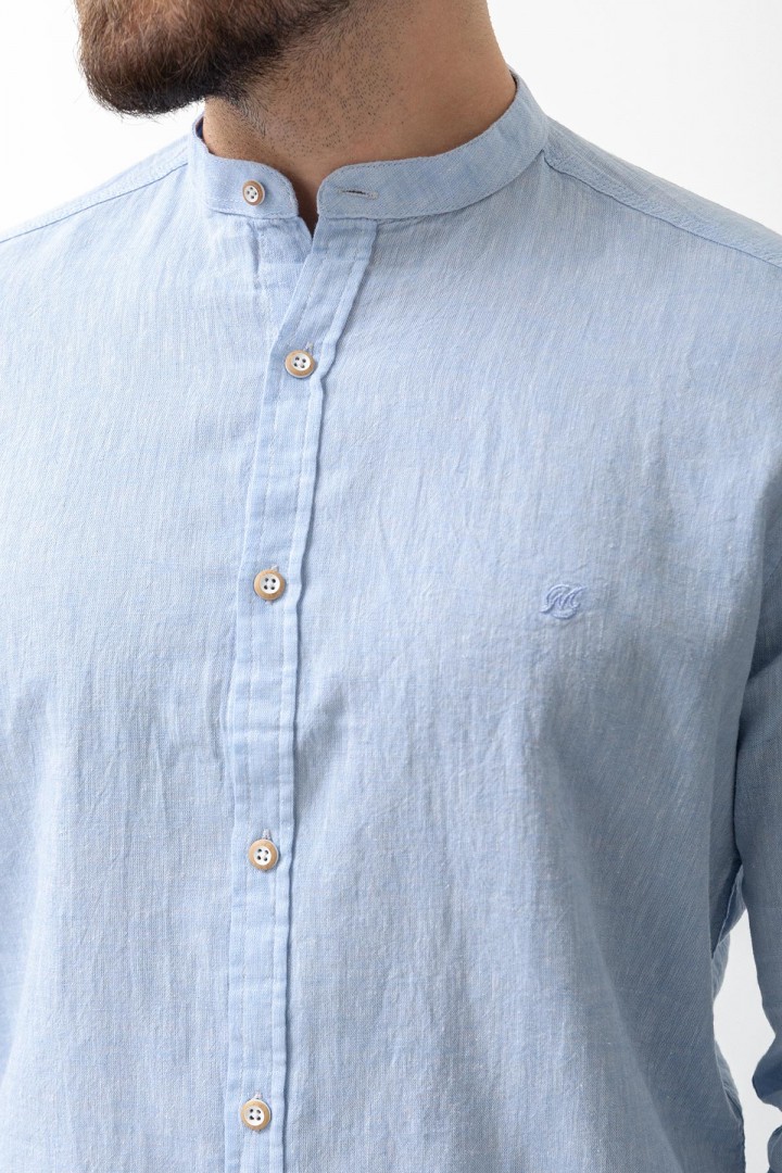 Blue Color Mandarin Collar Design Casual Linen Men's Shirt