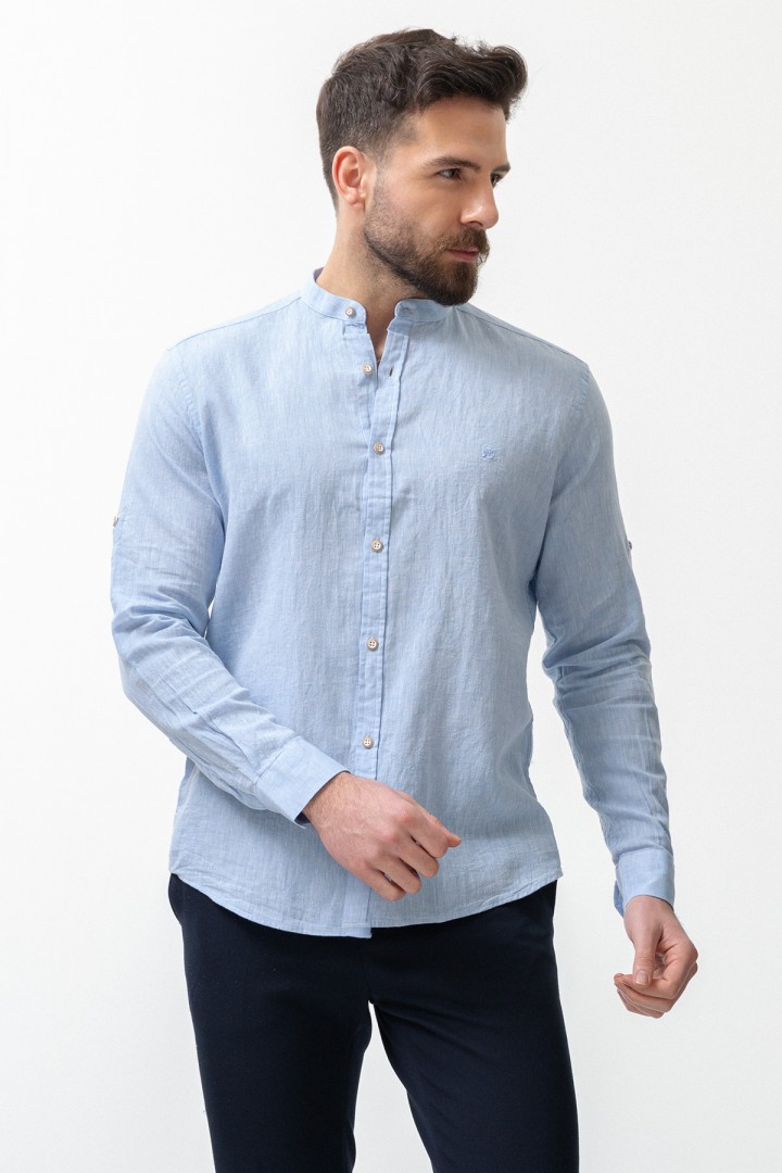 Blue Color Mandarin Collar Design Casual Linen Men's Shirt